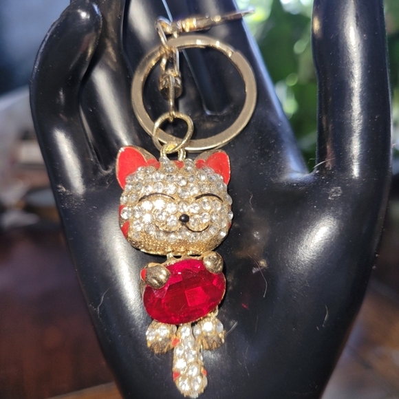 Sparkling Cat Keychain with Red and Gold Accents - Picture 2 of 4